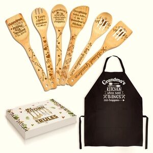 My Kitchen My Rules Grandma’s Apron and Bamboo Wooden Spoons Set